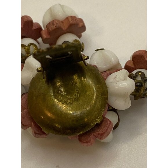 Vintage West Germany Clip-On Earrings W/ White & Red Bead Dangle Flowers Brass A - Picture 6 of 9